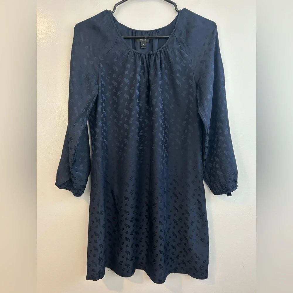 J. Crew 100% Silk  Tonal Paisley Dark Navy Blue Shift Mini Dress Size 4